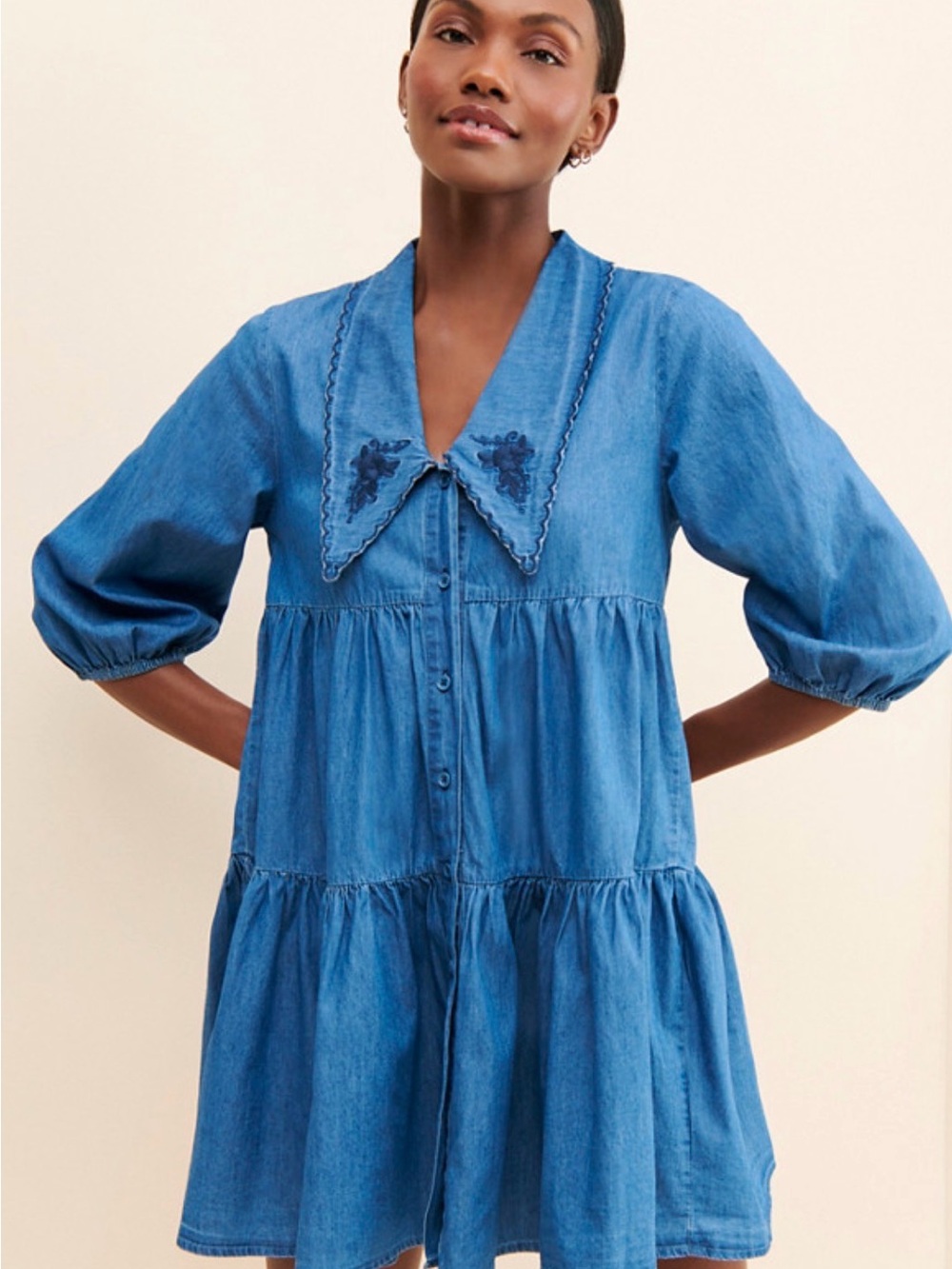 BB Dakota Blue Button-Front Tiered Mini Dress with Embroidered Collar